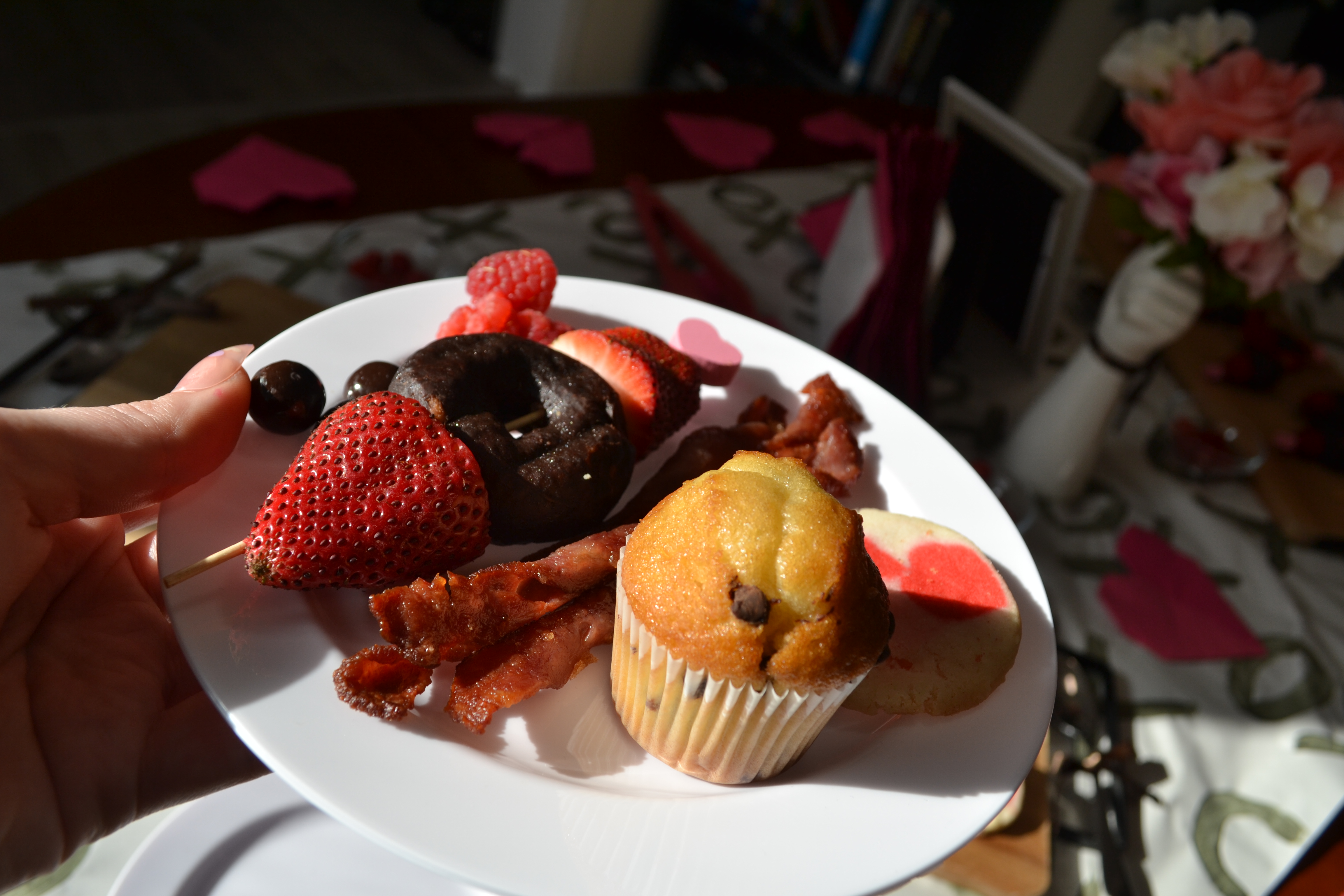 plate of food on valentine's day table for brunch