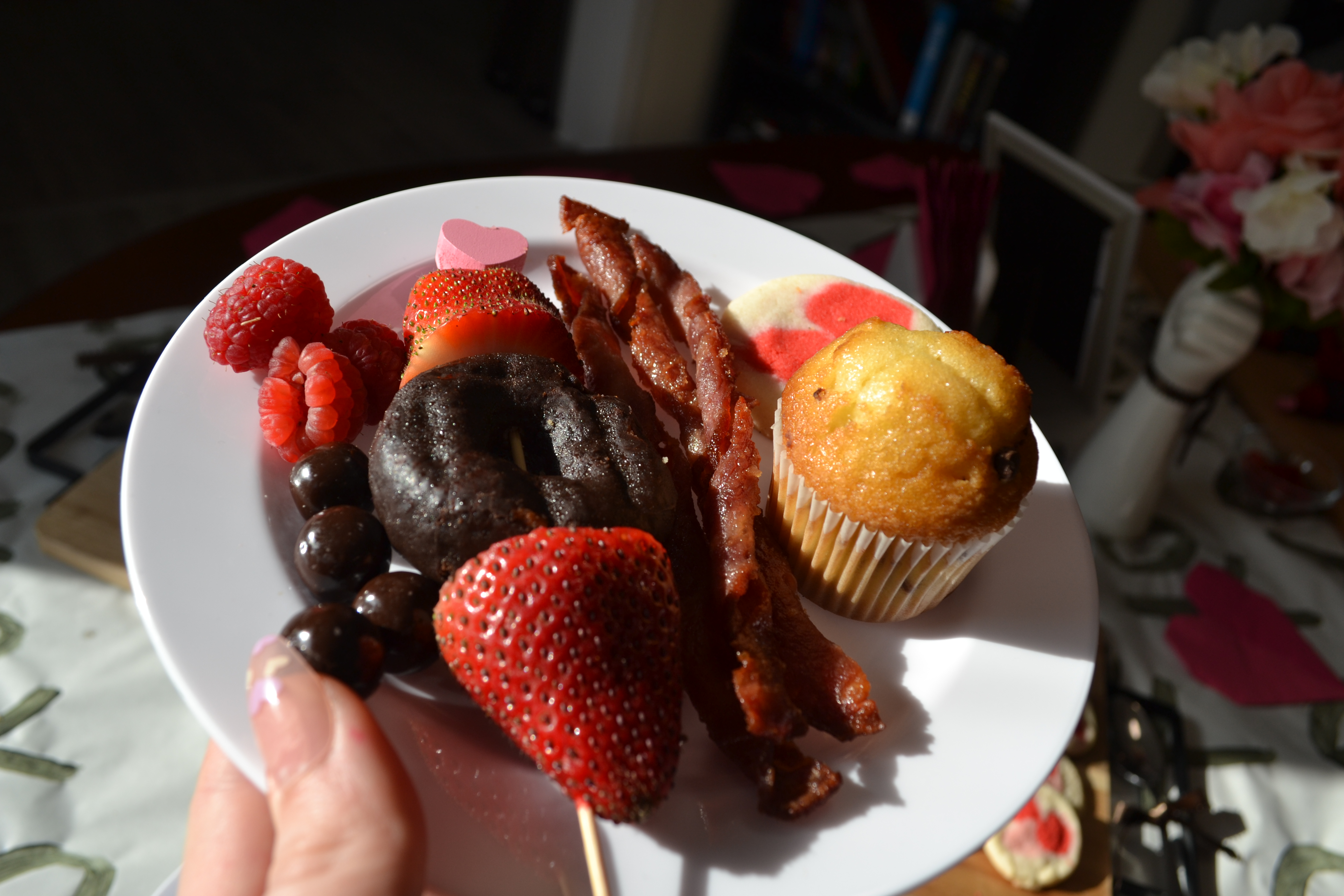 plate of food on valentine's day table for brunch
